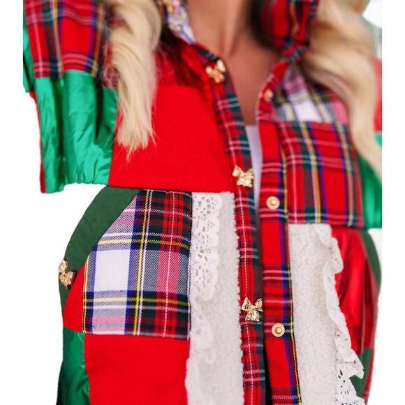 NEW BRIANNA CANNON tartan plaid patchwork sherpa jacket in red - Picture 3 of 5